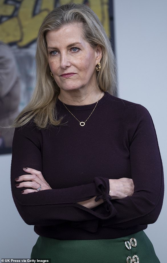 The Duchess of Edinburgh wears a plum varnish on her nails during a visit to The Company Shop in London on January 15, 2025