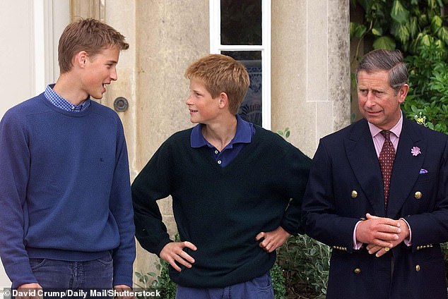 The royal author wrote: 'Harry would play the fool and get away with childish antics such as standing behind visitors and pulling funny faces behind their backs to make William.' The two brothers are pictured with Charles in 1999