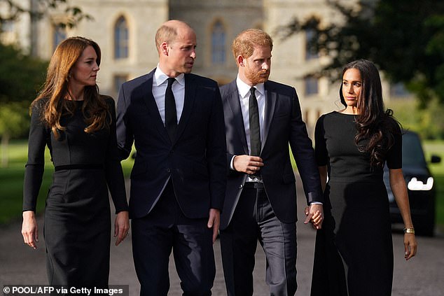 Harry alleged William 'screamed and shouted' at him during the Sandringham Summit to discuss the Sussexes' future within the Royal Family. The Waleses and the Sussexes are pictured at the notorious walkabout following the Queen's death