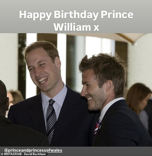 David Beckham (pictured, right) shared two clips on his Instagram Stories, wishing Prince William (pictured, left) a happy birthday
