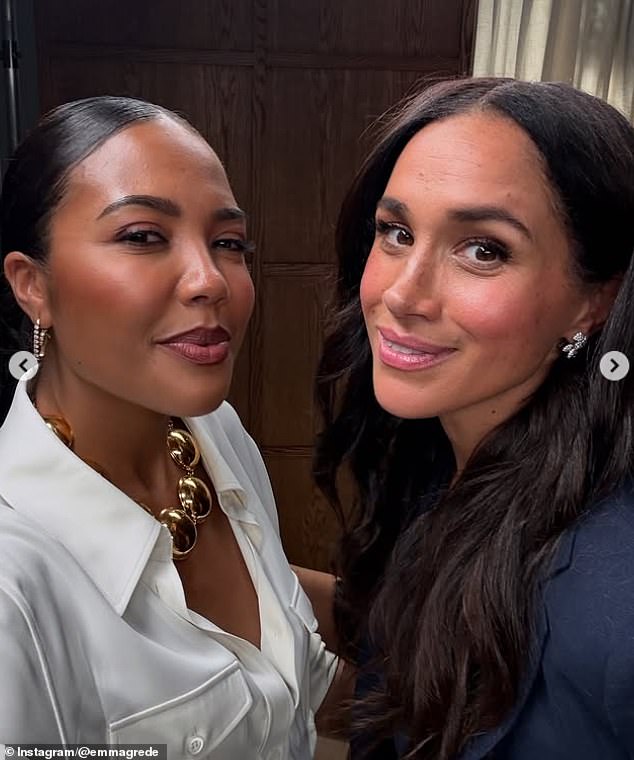Meghan Markle looked radiant as she beamed for selfies with Emma Grede in behind-the-scenes snaps from their podcast interview together