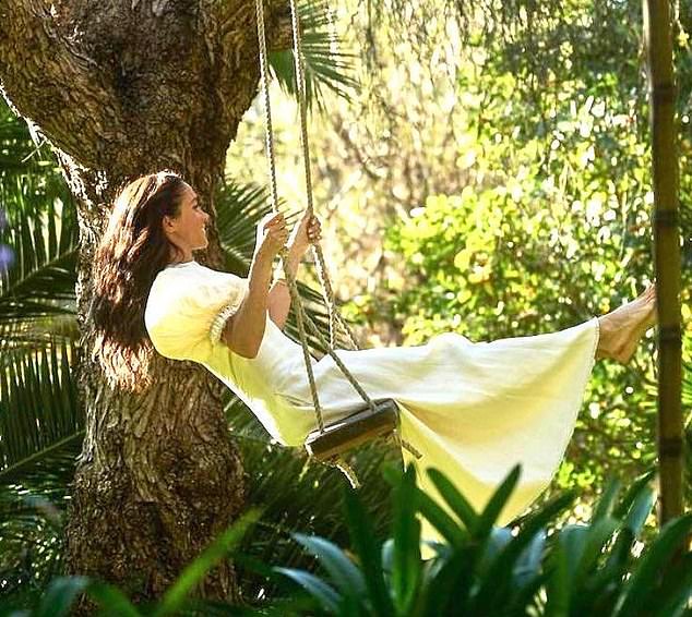 Meghan Markle pictured on a swing, wearing a yellow puff-sleeved dress as she teased her most recent As Ever launch