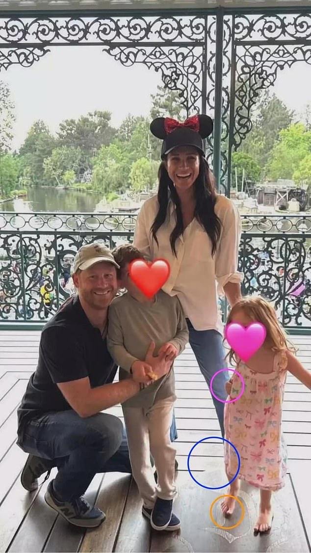Conspiracy theorists have been poring over sweet images of the Sussexes to find fault, making wild claims with particular focus on Lilibet including the angle of her feet, a filled gap in the floorboards and also a hand on her dress trolls claim isn't her's
