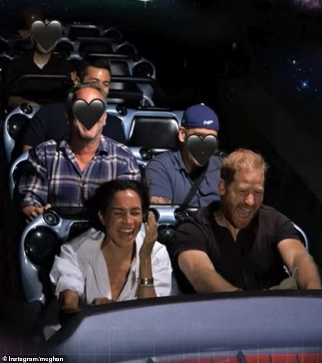 Royal fans have speculated they know the identity of the friend that joined Meghan Markle and Harry on their recent trip to Disneyland (pictured behind Meghan)