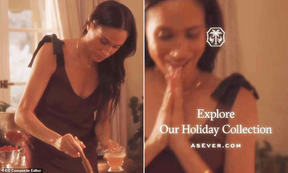 Meghan Markle has hit back at claims that her lifestyle content is 'beige and boring' - by opting for a burgundy gown instead. The Duchess of Sussex, 44, was seen glazing a turkey with her brand's $32 sage-infused honey and tying ribbons to advertise her brand's new holiday collection in the countdown to Thanksgiving and Christmas . She donned the Marion burgundy slip dress from Heidi Merrick, a brand local to Santa Barbara, which is a stone's throw away from Meghan and Prince Harry 's $14million Montecito mansion.